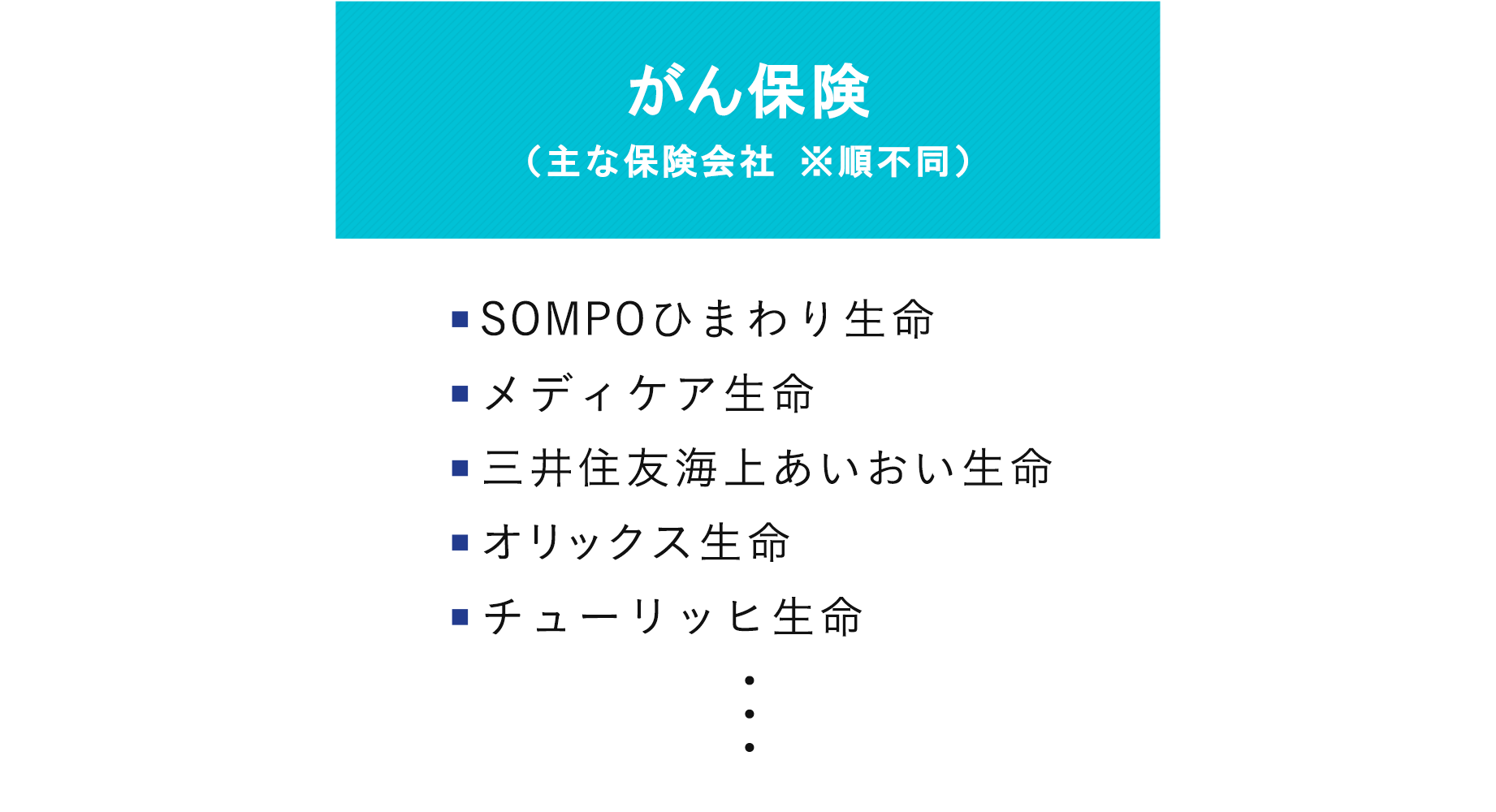 取扱保険会社リスト がん保険（主な保険会社） チューリッヒ生命 三井住友海上あいおい生命 オリックス生命 メットライフ生命