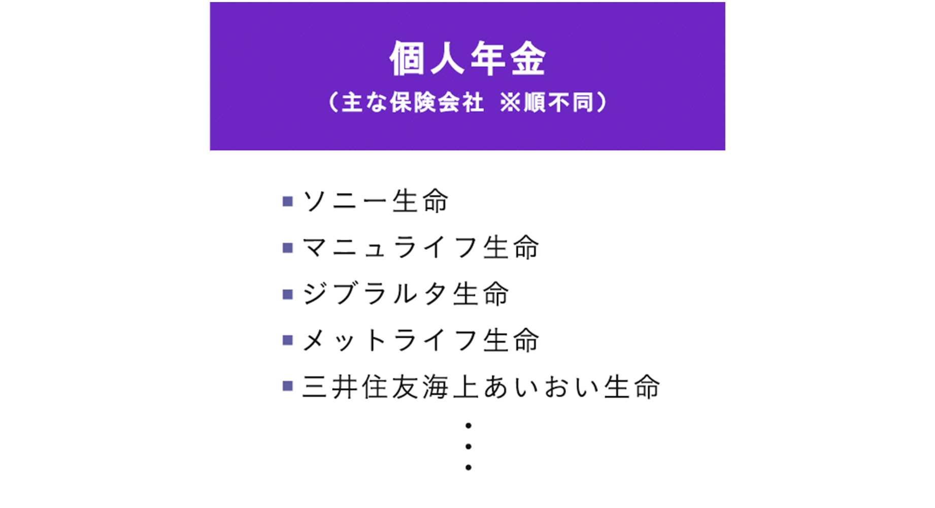 取扱保険会社リスト 個人年金（主な保険会社）三井住友海上あいおい生命 ソニー生命 ジブラルタ生命