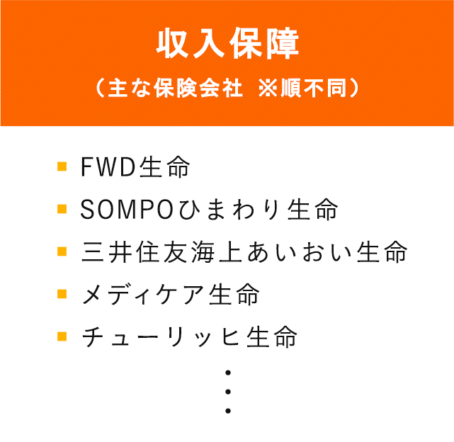 取扱保険会社リスト 収入保障（主な保険会社）FWD生命 三井住友海上あいおい生命 チューリッヒ生命 メディケア生命 東京海上日動あんしん生命